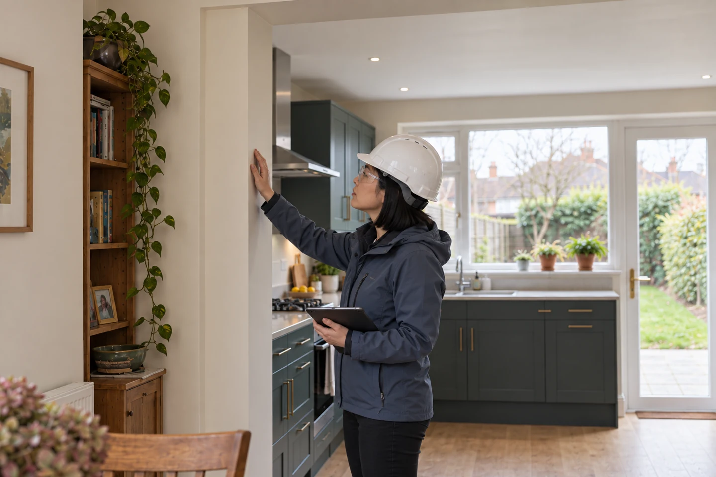 AI-generated illustration of surveyor inspecting the finish of the completed opening beside the kitchen.