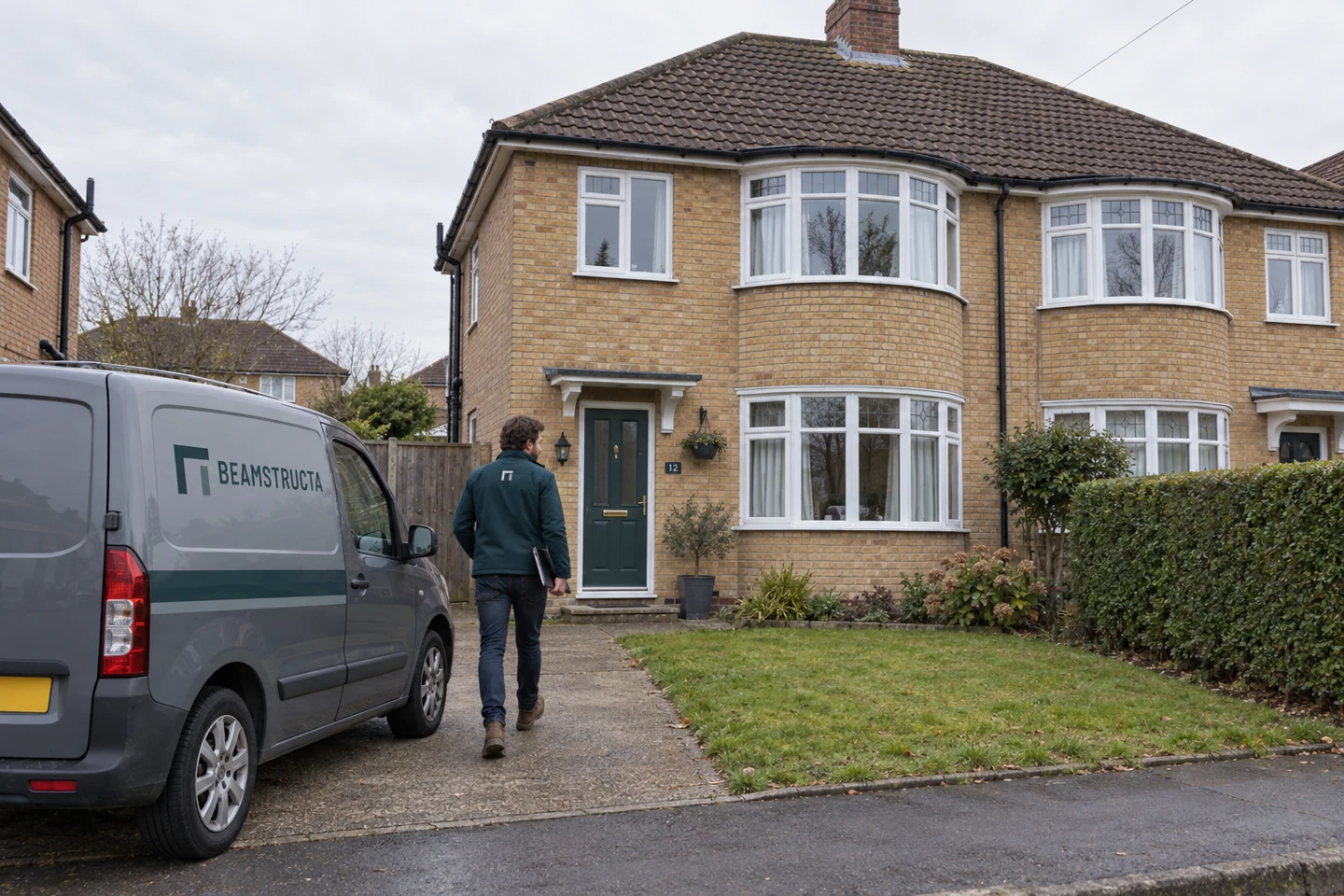 AI-generated illustration of engineer arriving at the fictional property beside the brand-liveried compact van.