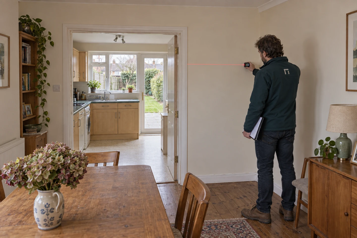 AI-generated illustration of engineer measuring the existing wall and doorway before alteration.