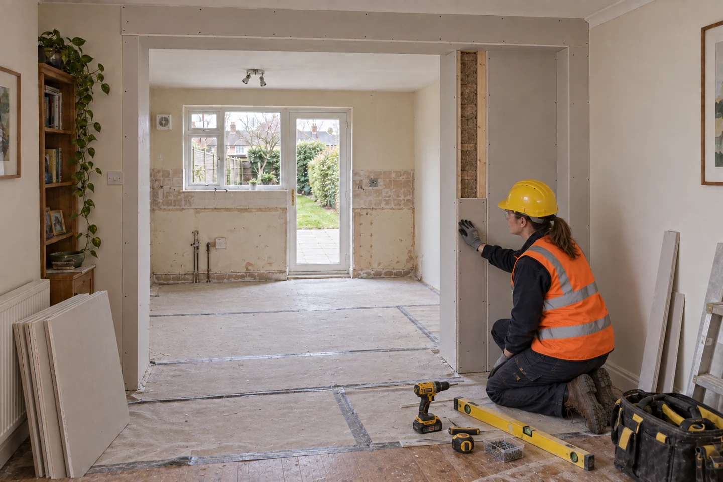 AI-generated illustration of worker reviewing the partially boarded enclosure around the widened opening.